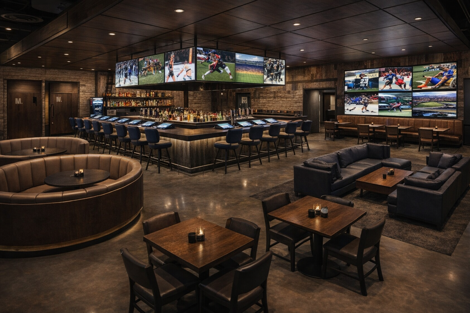 Warm, spacious bar interior with large bar, lounge seating, and game screens at Kennedy’s & Putter’s